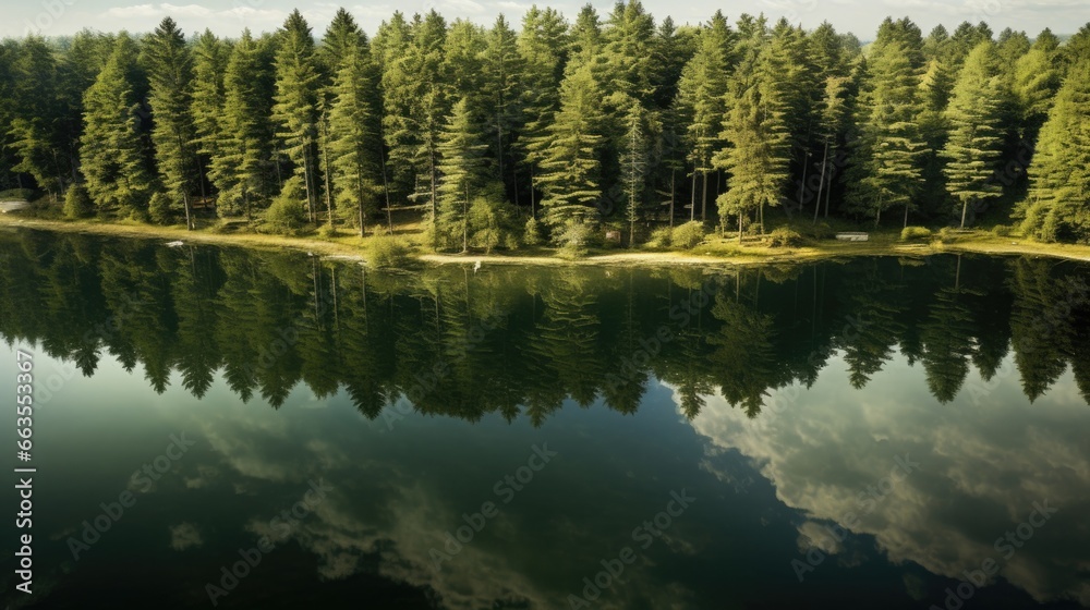 true-to-life aerial view from a tranquil lakeside with a mirrored reflection of the surrounding forest generative ai true-to-life aerial view from a tranquil lakeside with a mirrored reflection of the surrounding forest generative ai