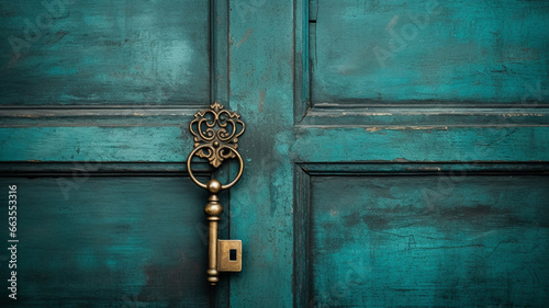 blue door with keyhole on wooden background