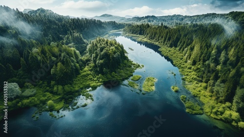 true-to-life aerial view from a tranquil lakeside with a mirrored reflection of the surrounding forest generative ai