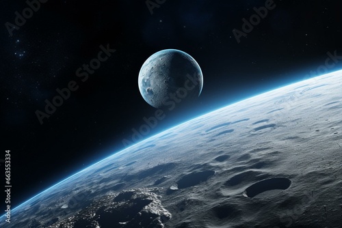 The stunning view of the moon and earth from a planet's orbit showcasing the breathtaking beauty of space. Generative AI