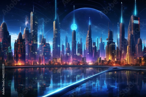 A futuristic urban landscape with glowing neon lights. Generative AI