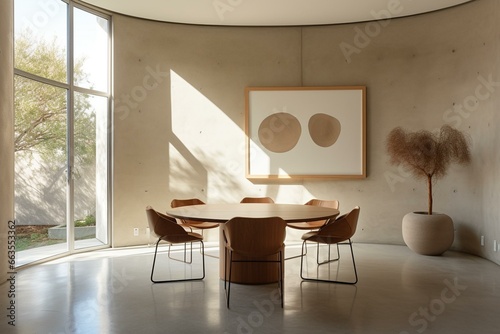Minimalist modern dining room with round table, leather chairs, window, and stucco wall. Generative AI photo