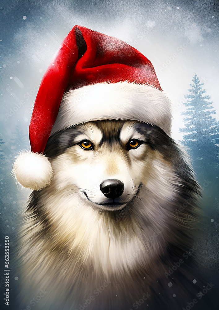 A Christmas wolf, a wolf with a Santa hat, illustration