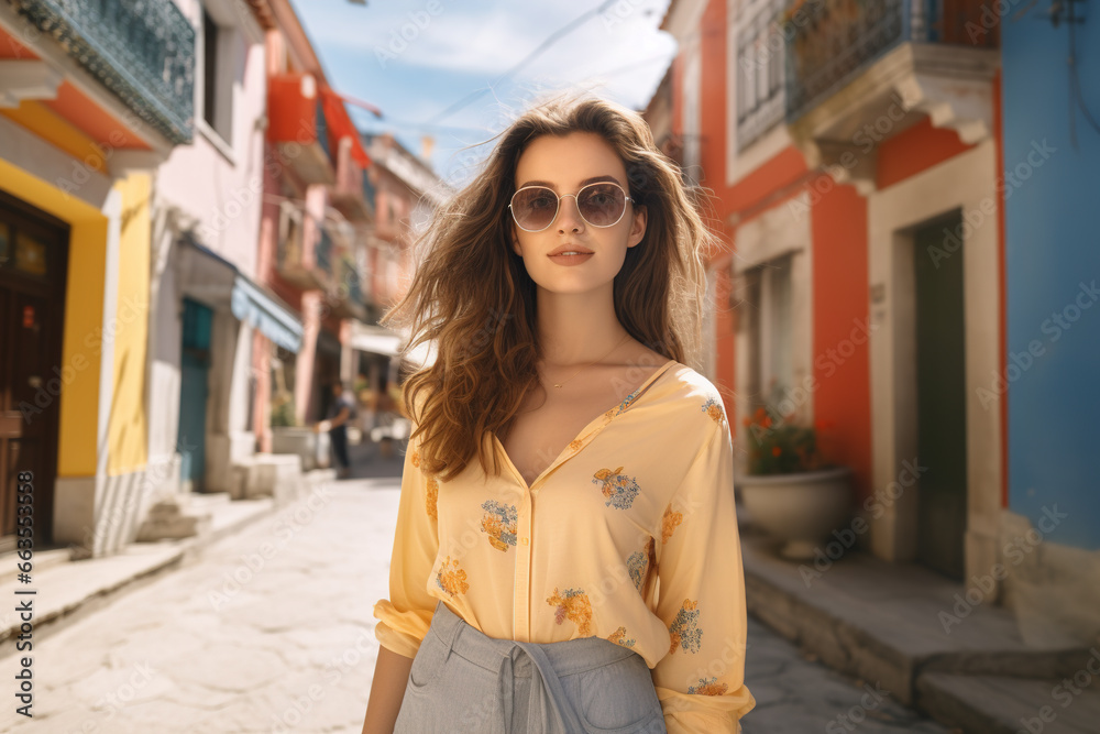 young adult woman on vacation in a local side street for tourists, shopping tour and city stroll, stroll through the city