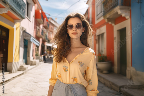 young adult woman on vacation in a local side street for tourists, shopping tour and city stroll, stroll through the city