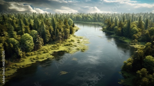serene lake surrounded by dense forest generative ai © ThisDesign