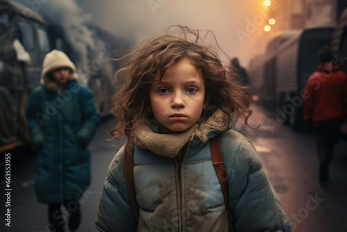 young child kid local with a desperate or annoyed expression on her face, in a crowded street or city, poverty andor bad air, visible exhaust fumes misty air photo