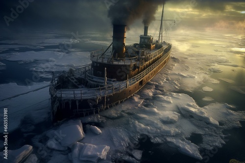 Steam ship trapped in frozen waters. Generative AI