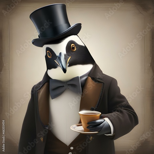 A sophisticated penguin in a top hat and monocle, enjoying afternoon tea1 photo