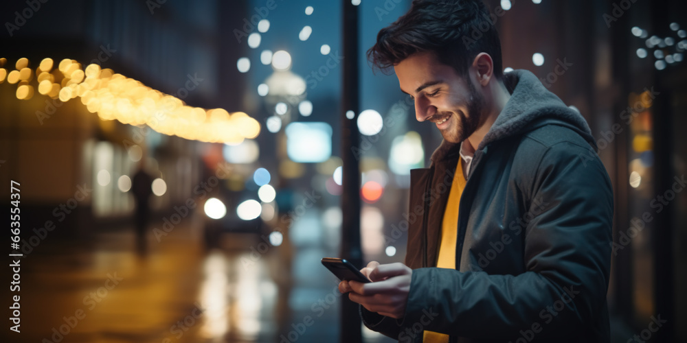 Portrait of a handsome young man, texting and using on his mobile smartphone and smiling outside on a city street. Blurry background, late in the night evening Portrait of a handsome young man, texting and using on his mobile smartphone and smiling outside on a city street. Blurry background, late in the night evening