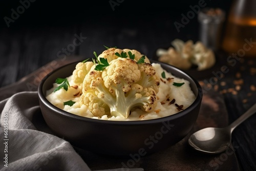 Creamy cauliflower with roasted garlic, nutritious recipe ideas, healthy eating, aerial perspective. Generative AI