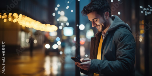 Portrait of a handsome young man, texting and using on his mobile smartphone and smiling outside on a city street. Blurry background, late in the night evening