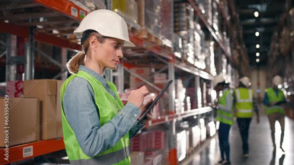 Industrial worker using tablet at warehouse. Woman in reflective jacket and protective helmet touching screen of gadget. Storage employee holding device and recording inventory. Industrial worker using tablet at warehouse. Woman in reflective jacket and protective helmet touching screen of gadget. Storage employee holding device and recording inventory.