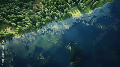 true-to-life aerial view from a tranquil lakeside with a mirrored reflection of the surrounding forest generative ai © ThisDesign