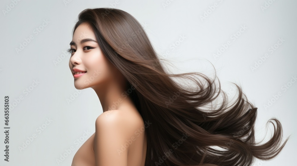 Naklejka premium Asian young woman posing in front of white background with her hair waving