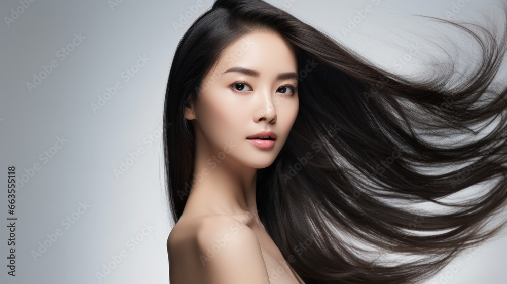 Asian young woman posing in front of white background with her hair waving Asian young woman posing in front of white background with her hair waving