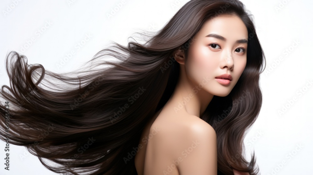 Asian young woman posing in front of white background with her hair waving Asian young woman posing in front of white background with her hair waving