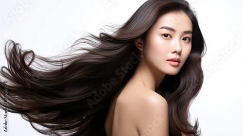 Asian young woman posing in front of white background with her hair waving
