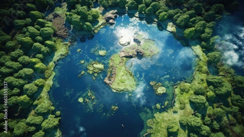 true-to-life aerial view from a tranquil lakeside with a mirrored reflection of the surrounding forest generative ai
