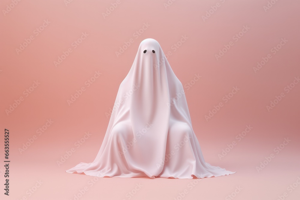 Traditional ghost in white sheet costume flies across a pink background with a full moon for a classic and spooky Halloween concept.