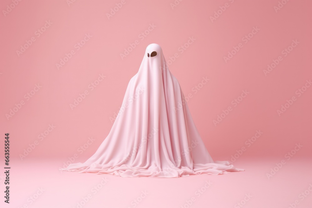 Φωτογραφία Childlike ghost in white sheet costume holds a treat bucket and smiles at camera against a pink background for a fun and festive Halloween portrait