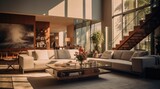Interior design, natural lighting, cinematic shot, beautiful environment, interiors filled with light, sofa and living space, high stud, ceilings