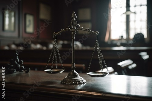 Scales of justice on wooden table in court hall depicting judicial system, fairness, legal protection. Generative AI