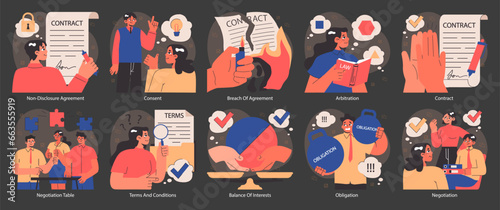 Business deal or agreement dark or night mode set. Signing a contract