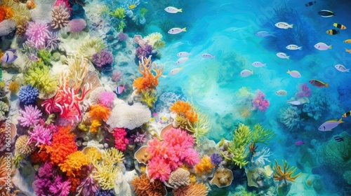 vibrant coral reef in clear blue waters, teeming with marine life, seen from above generative ai