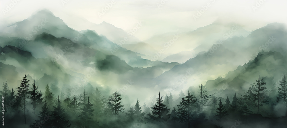 Watercolors of misty atmosphere forest 