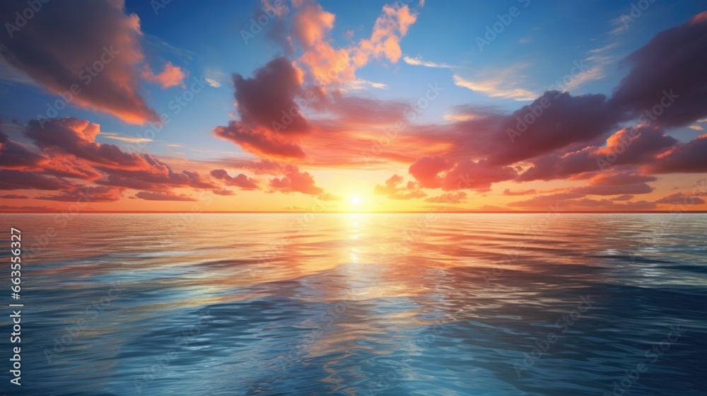 Spectacular sunset over a calm ocean horizon with vibrant colors from above. generative ai