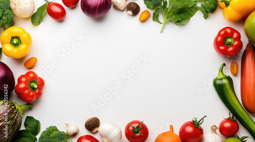 A symmetrical arrangement of vibrant fresh vegetables creating a border on a white backdrop, perfect for menu designs or recipe backgrounds. 