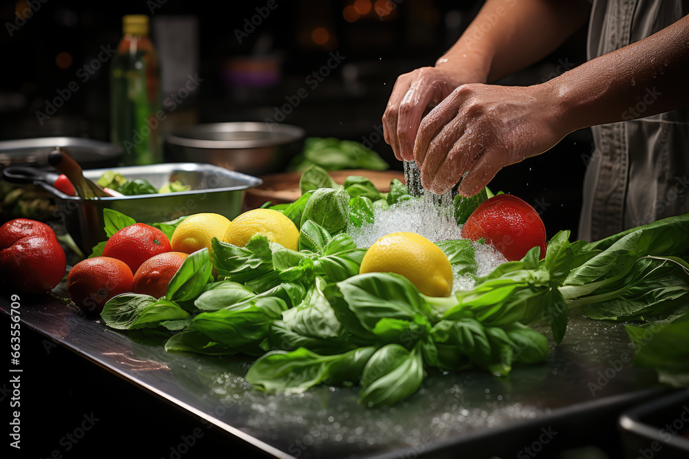 A chef meticulously washing and sanitizing fresh produce before cooking, ensuring food safety and hygiene. Concept of food preparation. Generative Ai. A chef meticulously washing and sanitizing fresh produce before cooking, ensuring food safety and hygiene. Concept of food preparation. Generative Ai.