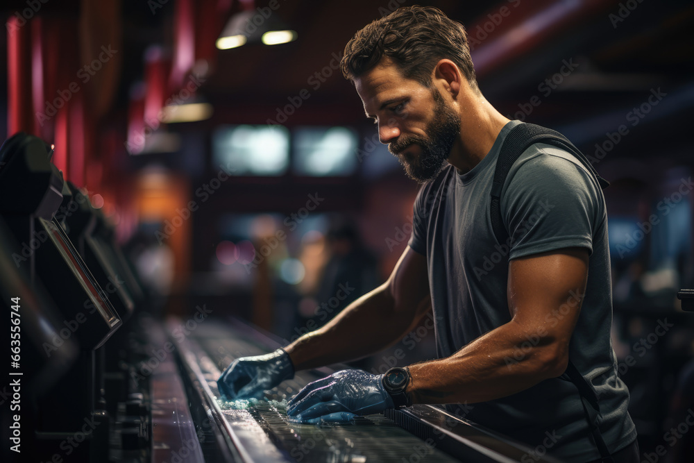 A fitness enthusiast wiping down gym equipment with disinfectant wipes ...