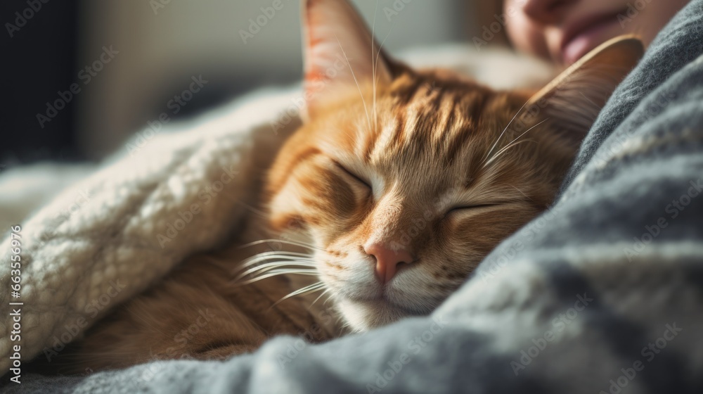 A cozy indoor scene featuring a person curled up on the couch with their feline friend, both enjoying a quiet afternoon nap.