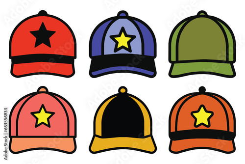 Set of Cap cartoon icons vector, baseball hat with star, front view, vector illustration isolated