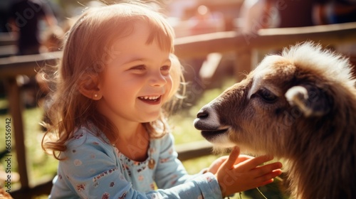 A girl smiles joyfully as she feeds and caresses a variety of lambs on a farm, a heart-warming display of love for all living things.