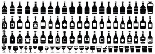 Big set of alcohol bottles and glasses, wine and beer bottle, silhouette vector illustration isolated, editable