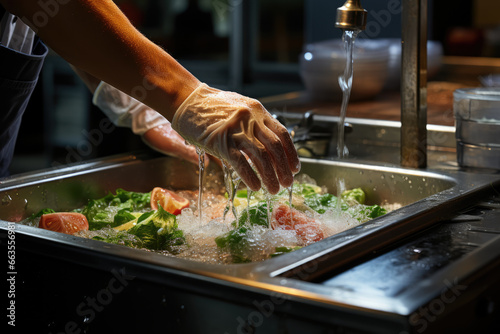 A chef washing their hands before food preparation, adhering to food safety and kitchen hygiene standards. Concept of kitchen hygiene. Generative Ai. photo