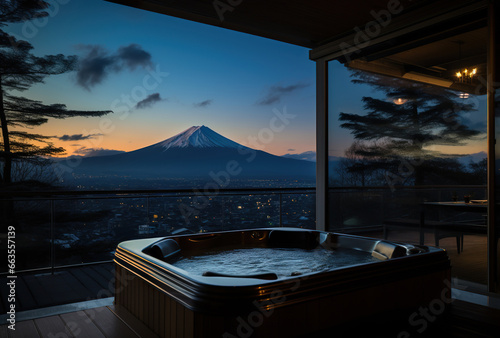 hot jakuzzi bathtub with water on winter mountain background, Fuji peak and warm bath photo