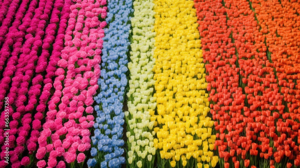aerial view from a vibrant flower field with a clear blue sky and rolling hills generative ai aerial view from a vibrant flower field with a clear blue sky and rolling hills generative ai