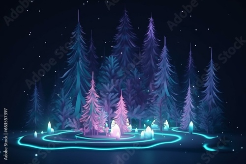 Night winter forest with a decorated tree, festive lights, dark woods, neon lights. 3D render. Generative AI