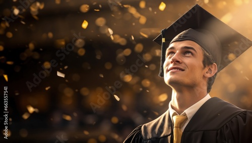 Boy in graduation clothes looking at background with defocused golden lights, college student graduating, Generative AI