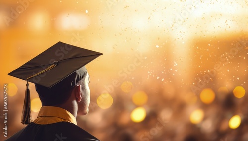 Boy in graduation clothes looking at background with defocused golden lights, college student graduating, Generative AI photo