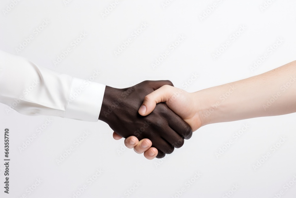 Black hand greeted white hand on white background, racial equality concept, Generative AI Black hand greeted white hand on white background, racial equality concept, Generative AI