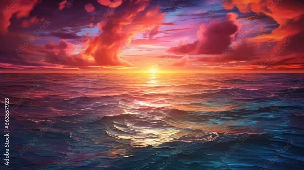 Fototapeta premium Spectacular sunset over a calm ocean horizon with vibrant colors from above. generative ai