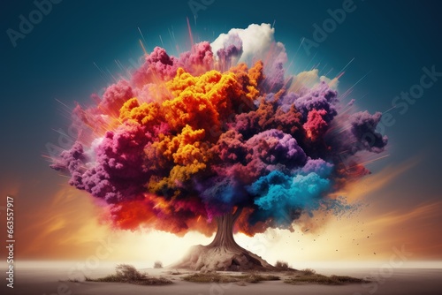 Colorful dust and smoke tree, human emotions concept, Generative AI © Kaleb
