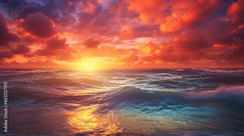 Spectacular sunset over a calm ocean horizon with vibrant colors from above. generative ai © ThisDesign