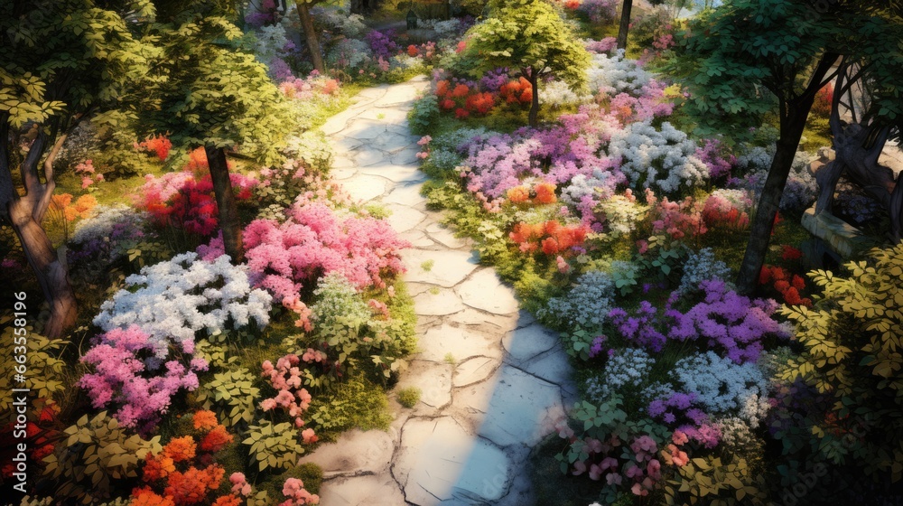 tranquil garden in full bloom, with colorful flowers and pathways seen from above generative ai