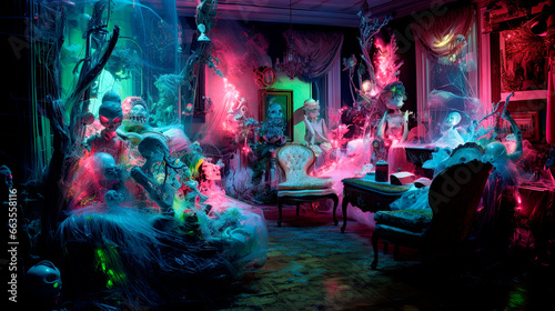 Ghouls and ghosts hanging out in a room at a Haunted Mansion